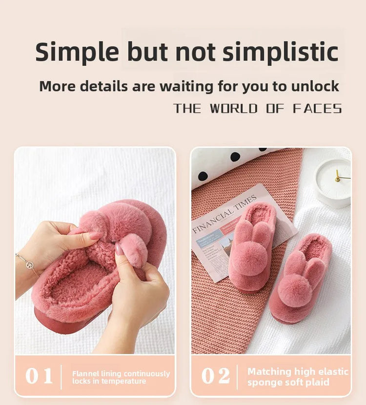 Thick Sole Winter Plush Slippers Cozy Faux Rabbit Fur Indoor House Shoes for Women & Men Couple Matching Slides with Closed Back