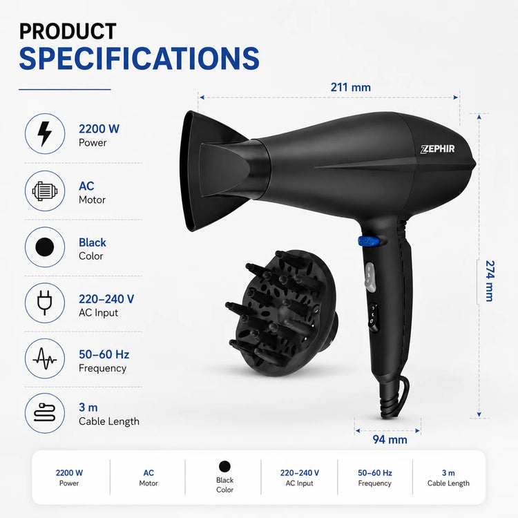 Zephir ZHB2002 Hair Dryer 2200W AC Motor Professional Blow Dryer with Diffuser & Styling Nozzle Black