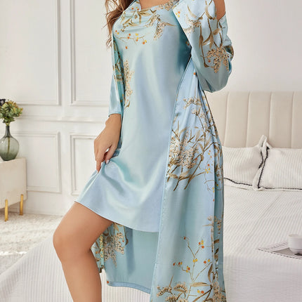 Set di 2 Pezzi: Elegante Pigiama Stampato da Donna con Vestaglia Lunga e Camicia da Notte in Raso, Stampa Casuale, Comodo Abbigliamento per Casa