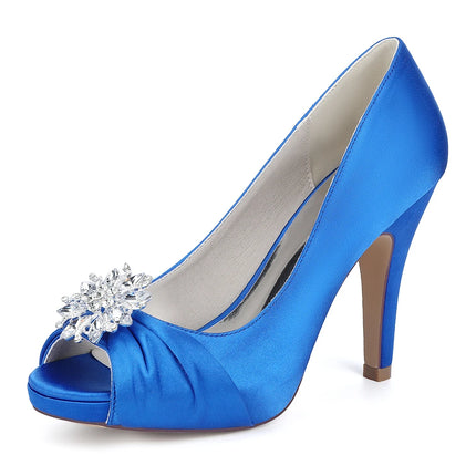 Primavera Boca de pescado Punta redonda Diamantes de imitación de seda Zapatos de boda impermeables de tacón alto para mesa Sandalias de mujer de talla grande para vestido de banquete
