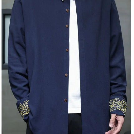 Camicie da Uomo di Alta Qualità con Ricami in Stile Cinese, Colletto Rialzato Retrò, in Lino Comodo e Traspirante, Camicie Casual da Uomo