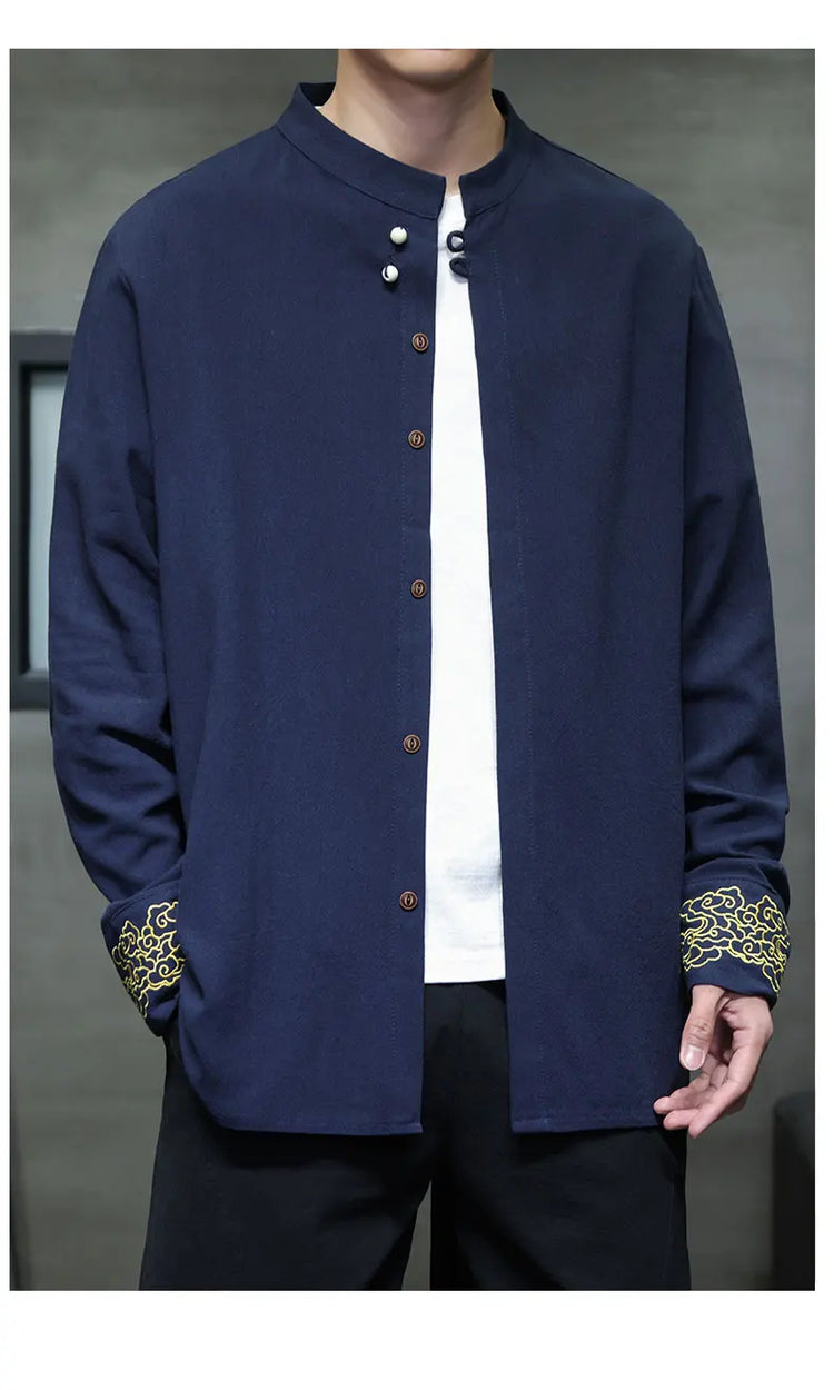 Camicie da Uomo di Alta Qualità con Ricami in Stile Cinese, Colletto Rialzato Retrò, in Lino Comodo e Traspirante, Camicie Casual da Uomo