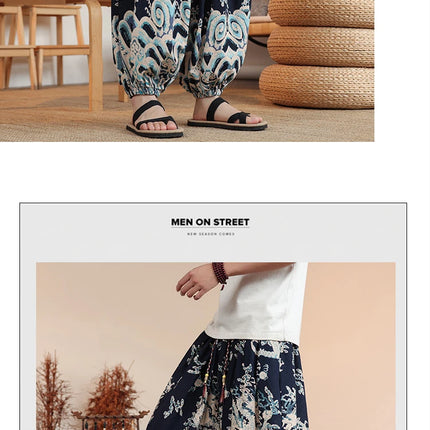 Vendite calde Pantaloni da uomo in cotone comodi pantaloni da spiaggia larghi stampa casual Harem elegante abbigliamento estivo pantaloni larghi giapponesi sottili