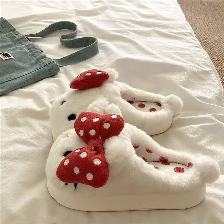 Hello Kitty Women Cute Cartoon Cat Plush Slippe Polka Dot Bow Fluffy Closed Back House Shoes Winter Warm Non Slip Soft Cozy