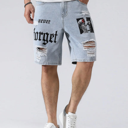 Pantaloncini di jeans elasticizzati estivi da uomo Jeans da uomo Streetwear Lettera strappata al ginocchio Baggy Comfort Cargo Pantaloncini casual Pantaloni Jean