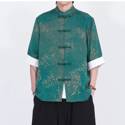 Camicie da uomo estive di lusso in jacquard con foglie di bambù, camicia a maniche corte da uomo in stile cinese tradizionale, camicia casual da uomo per Kung Fu e Tai Chi