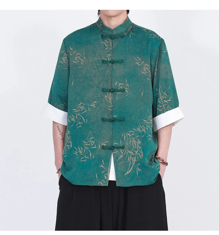 Camicie da uomo estive di lusso in jacquard con foglie di bambù, camicia a maniche corte da uomo in stile cinese tradizionale, camicia casual da uomo per Kung Fu e Tai Chi