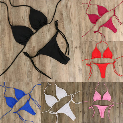 Costume da bagno bikini da donna sexy a tinta unita, con laccetti e triangolo incrociato, senza ferretto e senza imbottitura. PlatiNum