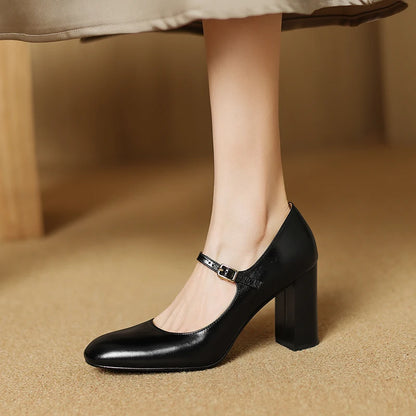 EAGSITY Cow leather classic high heel mary jane shoes women chunky heel round toe party wedding dress shoes