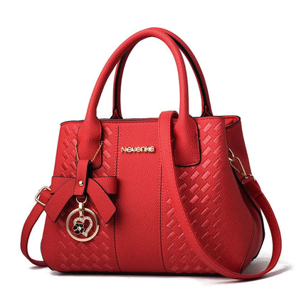 Bow Metal Pendant Top Handle Satchel Crossbody Bag, PU Leather Textured Bag Purse, Classic Versatile Fashion Shoulder Bag PlatiNum