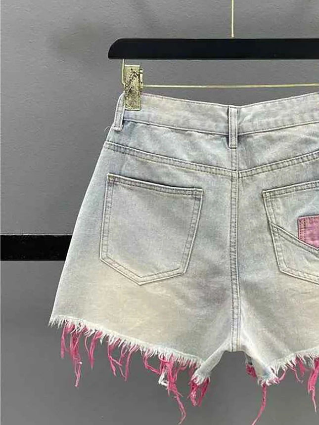 Korean Style Pink Hole Denim Shorts Women's Summer New High Waist Raw Edge A-line Hot Girl Shorts Fashion Niche Thin Hot Pants