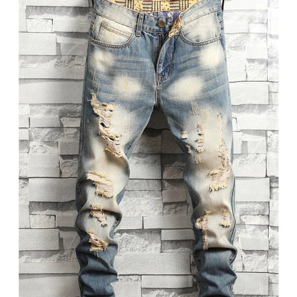 2024 New Retro Distressed Ripped Slim Jeans for Men Street Hip-hop Stretch Straight Fashion Motorcycle Denim Trousers Male PlatiNum