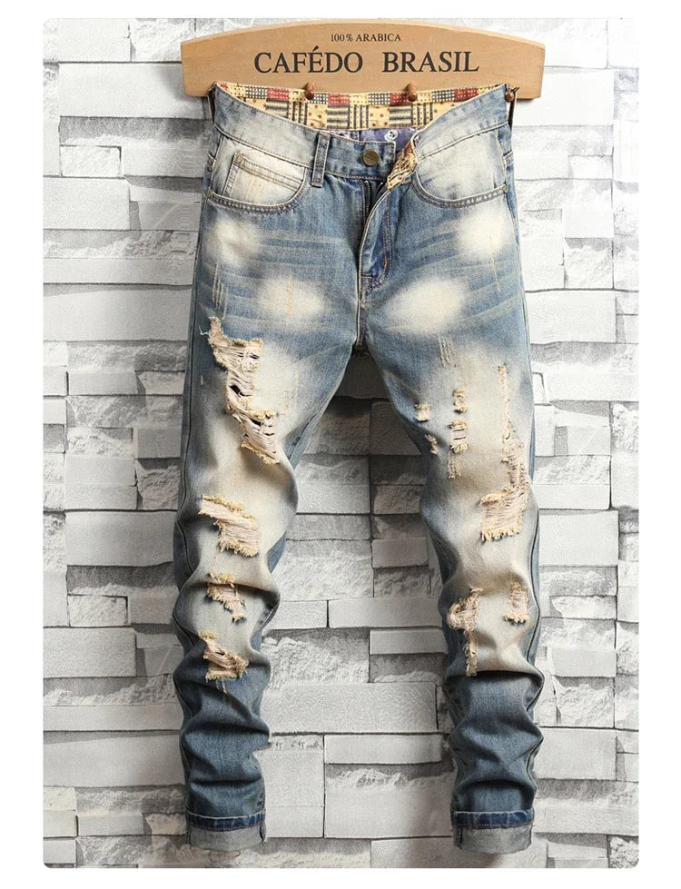 2024 New Retro Distressed Ripped Slim Jeans for Men Street Hip-hop Stretch Straight Fashion Motorcycle Denim Trousers Male PlatiNum
