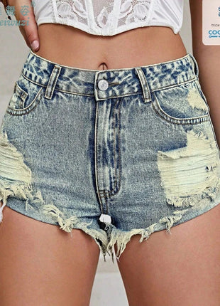 Women's High Rise Light Wash Destroyed Denim Shorts Casual Jeans Summer Fashion Must-Havefor Teen Girls Ripped Hem Jean Hotpants PlatiNum