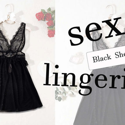 Lingerie sexy nera trasparente, camicia da notte in pizzo da donna, camicia da notte sexy senza maniche da donna con tessuto a rete, scollo a V.lingerie