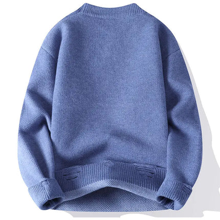 Edgy Star Fringe Knit Sweater – Distressed Lettering Crewneck for Men