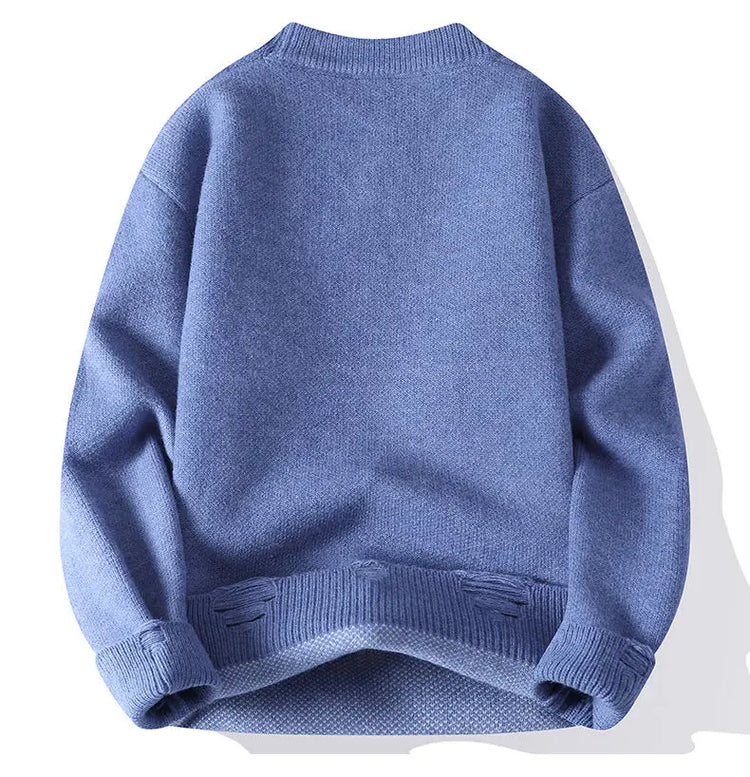 Edgy Star Fringe Knit Sweater – Distressed Lettering Crewneck for Men