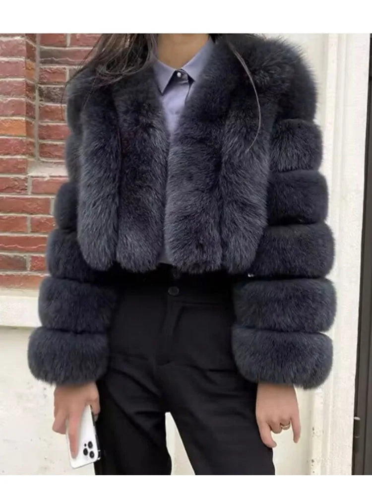ZADORIN Luxury Cropped White Faux Fox Fur Coat Woman Clothing V Neck Long Sleeve Winter Fluffy Faux Fur Jacket Fur Coats Woman