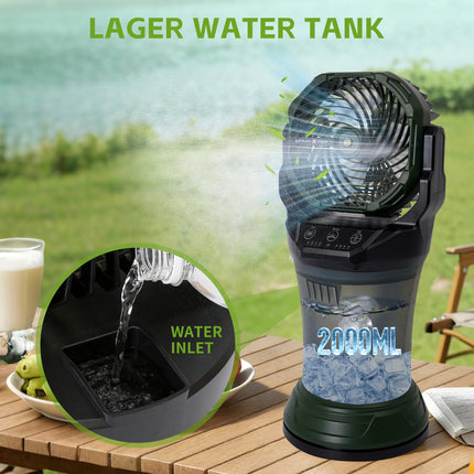 Ventilatore Nebulizzatore da Campeggio Esterno ABS+PP 2000ml 15000mAh con Nano Spray, Torcia RGB e 4 Velocità, Rotazione a 90° °   Oscillazione Giallo/Verde Scuro