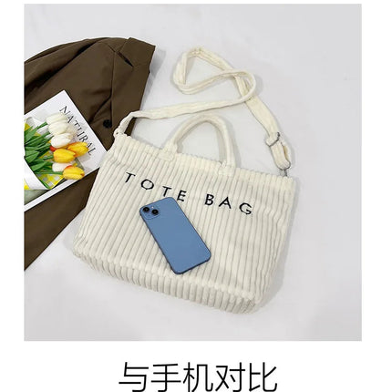 Simple Letter Soft Corduroy Shoulder Bags for Women Versatile Large Capacity Ladies Crossbody Bag Portable Female Handbags Tote PlatiNum