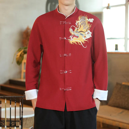 Camicie da Uomo a Maniche Lunghe in Stile Cinese, Ricamate, per Kung Fu e Tai Chi, Cardigan Retrò in Lino, Abito Tradizionale Tang, Top Tradizionale da Uomo