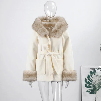 Casual Patchwork Faux Fur Collar Women's Coat Lace Up Pockets Thicken Lady Coats 2026 Autumn Winter Female Street Outerwear