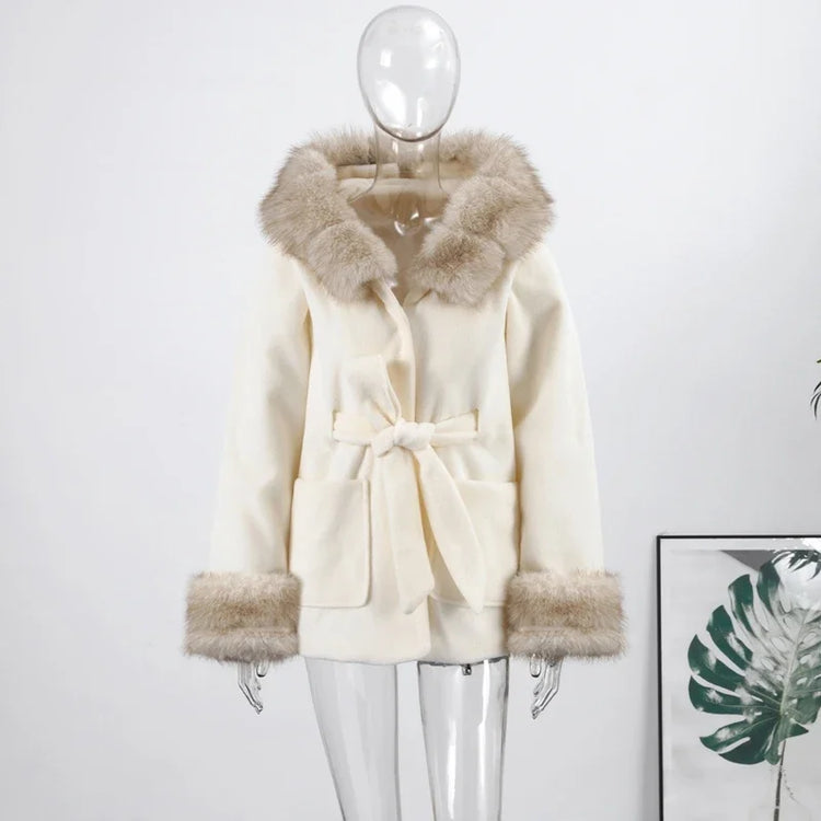 Casual Patchwork Faux Fur Collar Women's Coat Lace Up Pockets Thicken Lady Coats 2026 Autumn Winter Female Street Outerwear