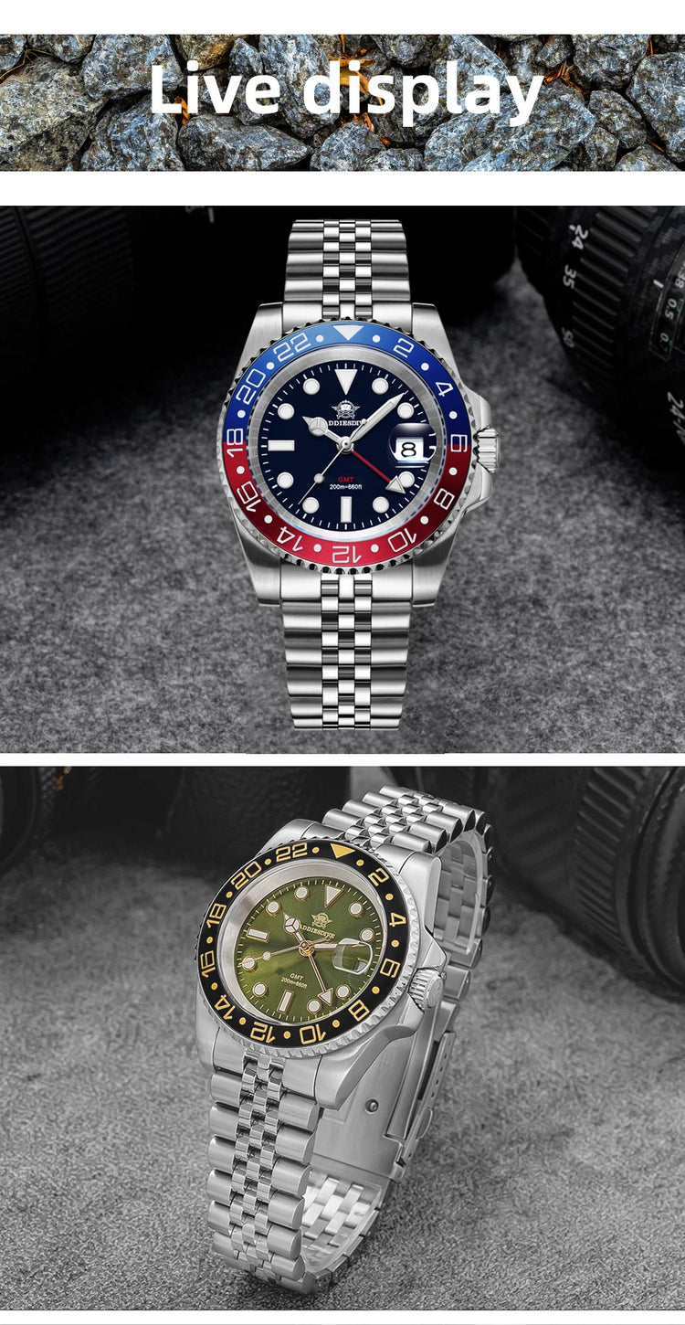ADDIESDIVE New 40mm Luxury Men Business GMT Watch Swiss Ronda 515-24H Quartz Waterproof 200m Luminous Aluminum Ceramic Bezel