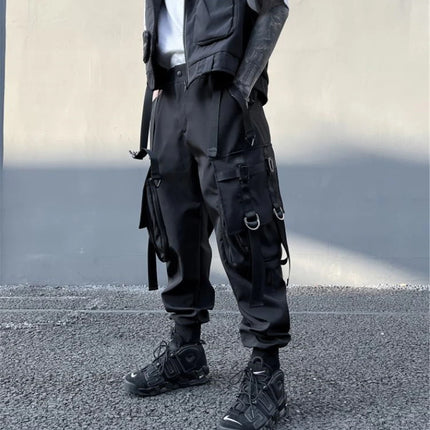 Hip Hop Tactical Cargo Pants Men Multi Pocket Ribbon Design Joggers Trousers 2023 Spring Functional Elastic Waist Pant Black