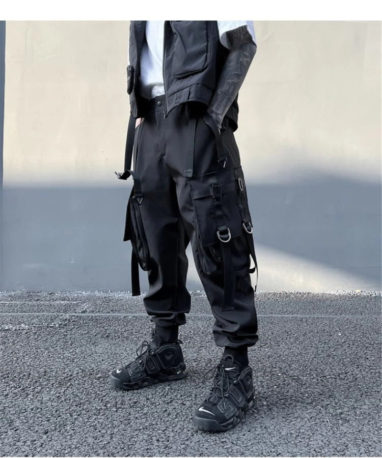 Hip Hop Tactical Cargo Pants Men Multi Pocket Ribbon Design Joggers Trousers 2023 Spring Functional Elastic Waist Pant Black