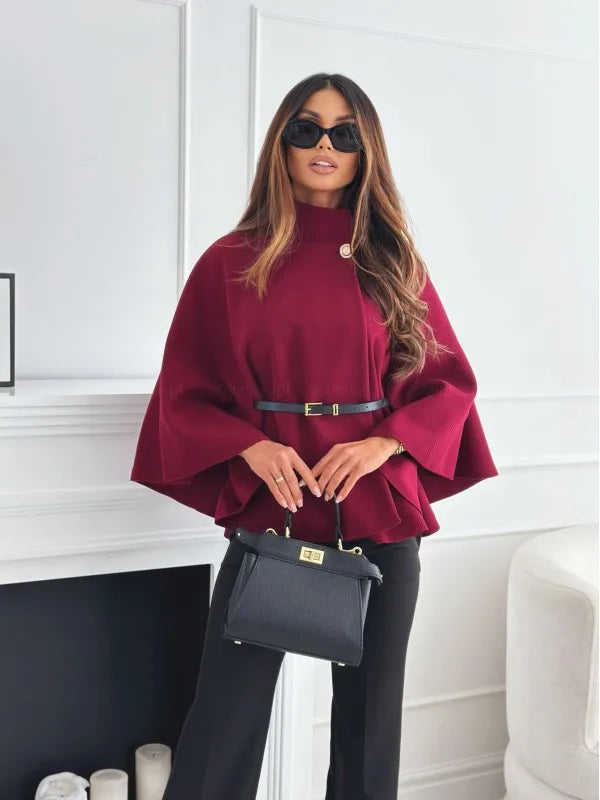 Women's Thick Turtleneck Batwing Sleeve Cape Coat with Single Button Elegant Three Quarter Length Top for Woman and Ponchos