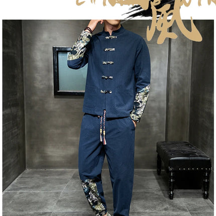 Completo Due Pezzi da Uomo, Nuovo Stile Primaverile in Lino, Comodo Completo Retrò Tang in Cotone Patchwork, Camicia Casual e Giacca Stampata Kung Fu
