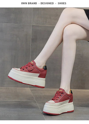 Fujin 9cm 3 inch comfortable platform sneakers for women Genuine Leather Women Vulcanized Shoes Platform High Heels Casual Shoes PlatiNum