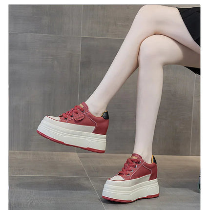Fujin 9cm 3 inch comfortable platform sneakers for women Genuine Leather Women Vulcanized Shoes Platform High Heels Casual Shoes PlatiNum