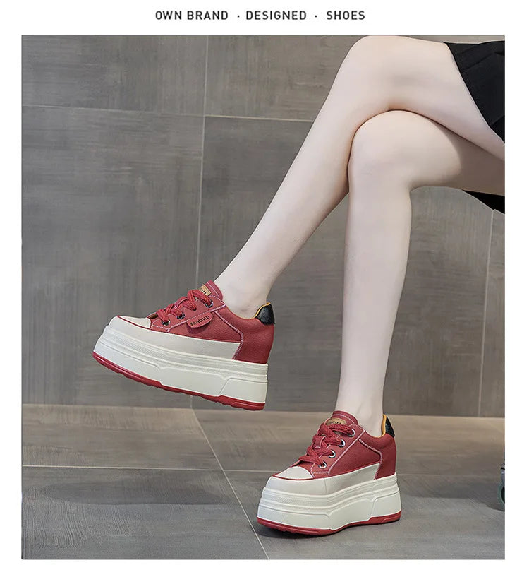 Fujin 9cm 3 inch comfortable platform sneakers for women Genuine Leather Women Vulcanized Shoes Platform High Heels Casual Shoes PlatiNum
