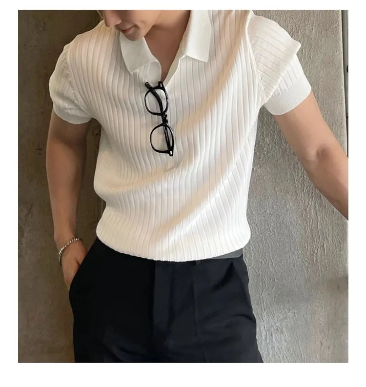 Polo da uomo slim fit tinta unita elasticizzata maglietta con colletto sexy moda trendy cotone casual top abiti estivi comodi elastici