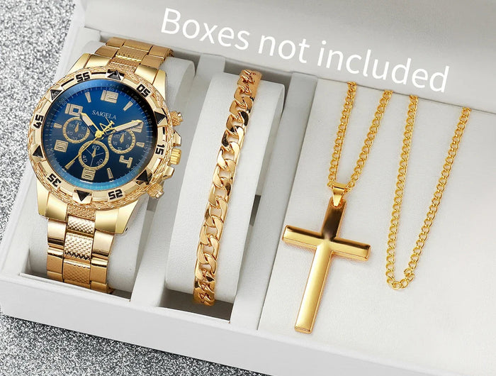 3 pz/set moda quadrante grande orologio al quarzo da uomo orologi da uomo d'affari di lusso collana braccialetto set Reloj Hombre (senza scatola) platinumshop