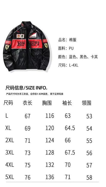 Giacca calda Ferrari F1 da uomo, look retrò motociclistico.