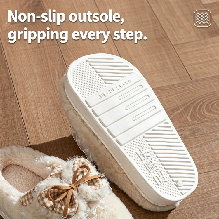 Kawaii Winter Warm Cotton Slippers Women Plaid Bowknot Lace Ruffle Plush Thick Platform Non-Slip Indoor Casual Shoes