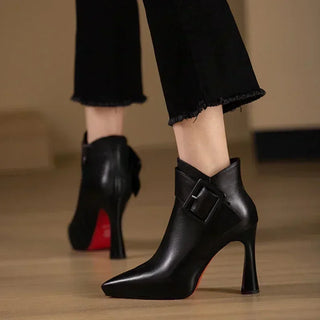 Women's Elegant High Heels Ankle Boots 2025 Spring Belt Buckle Pu Leather Short Boots Woman Plus Size 43 Thin Heeled Party Shoes