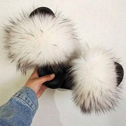 Real Raccoon Fur Slippers for Women 2023 Summer Fluffy Indoor Home Fuzzy Flat Slides Outdoor Fashion Beach Sandals Flip Flops