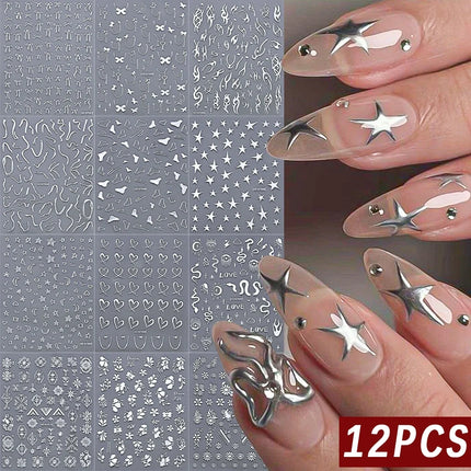 12Pcs 3D Rainbow Bowknot Star Geometry Lines Nail Stickers Love/Frame/Flower Self-Adhesive Nails Sliders 8*10cm Manicure Decals