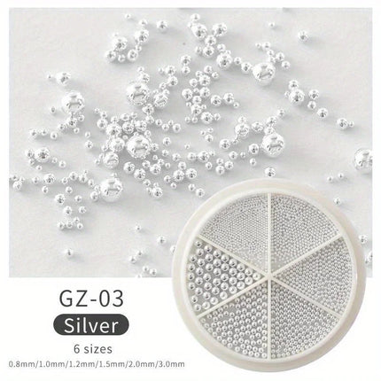 6 Grids Nail Art Tiny Steel Caviar Beads 0.8-1.5mm Mixed Size 3D Design Rose Gold Silver Jewelry Manicure DIY Decoration