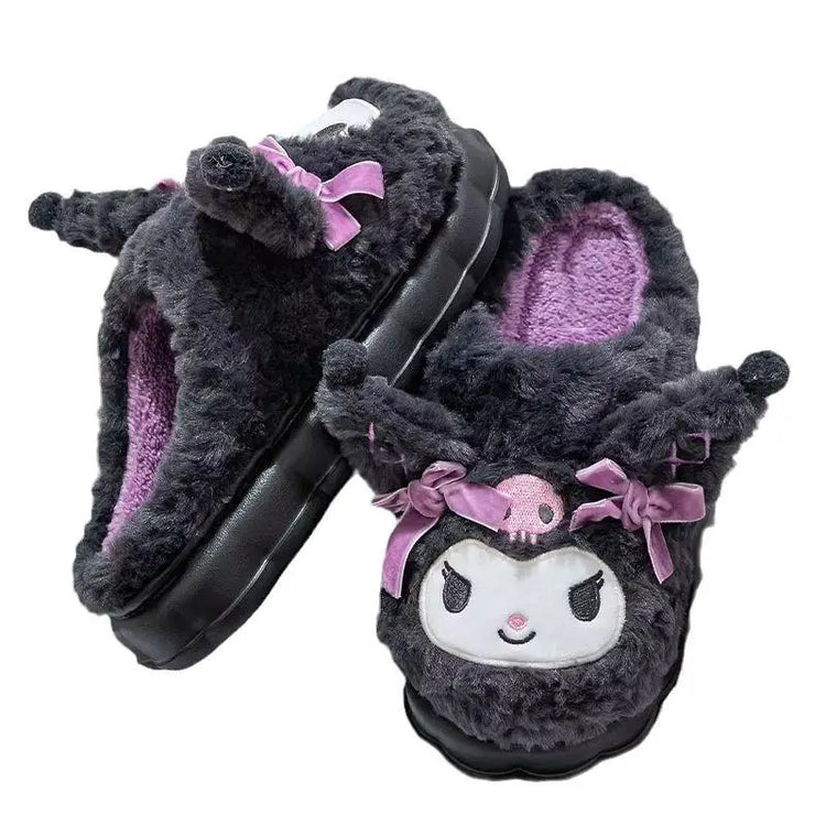 Sanrio Kuromi Kawaii Plush Slippers Women Thick Platform Height Increasing Non-Slip Warm Winter Indoor House Shoes