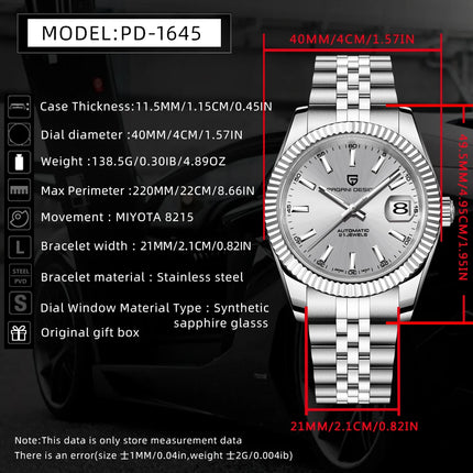 PAGANI DESIGN Luxury Men's Automatic Mechanical Watch Top Sapphire Stainless Steel 100m Waterproof Business Leisure Watch