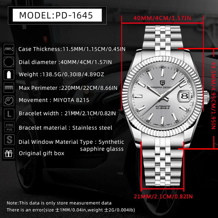 PAGANI DESIGN Luxury Men's Automatic Mechanical Watch Top Sapphire Stainless Steel 100m Waterproof Business Leisure Watch