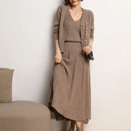 New Chic Pleated Skirts Woman Slimming Umbrellas Autumn Winter 100% Cashmere Knitted Long Skirt Solid Color Basics Woman Clothes PlatiNum