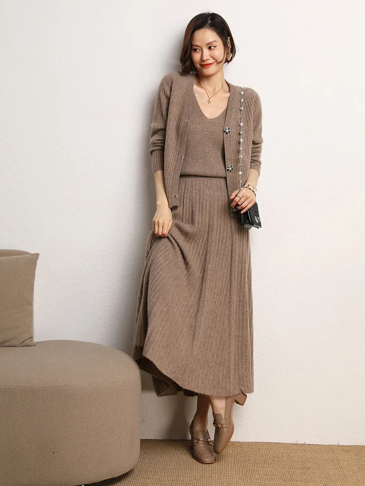 New Chic Pleated Skirts Woman Slimming Umbrellas Autumn Winter 100% Cashmere Knitted Long Skirt Solid Color Basics Woman Clothes PlatiNum