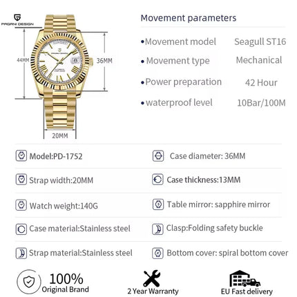 PAGANI DESIGN 2026 Nuovo Orologio con Calendario Settimanale, Movimento Seagull ST16, Impermeabile 100M, Orologio Automatico di Lusso da Uomo, Vetro Zaffiro, Acciaio Inossidabile 316L