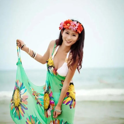 Copricostumi stampati Abito da spiaggia sexy Donna Halter Sling Chiffon Asciugamano da spiaggia Bikini Wrap Pareo Gonne Costumi da bagno aperti sul retro platinumshop